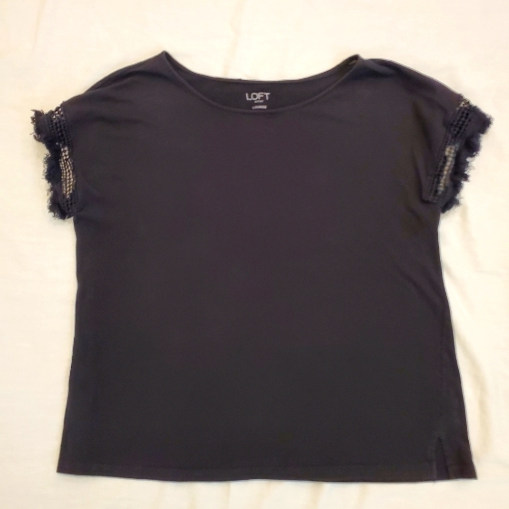 Loft black t-shirt with lace and fringe short sleeves size small